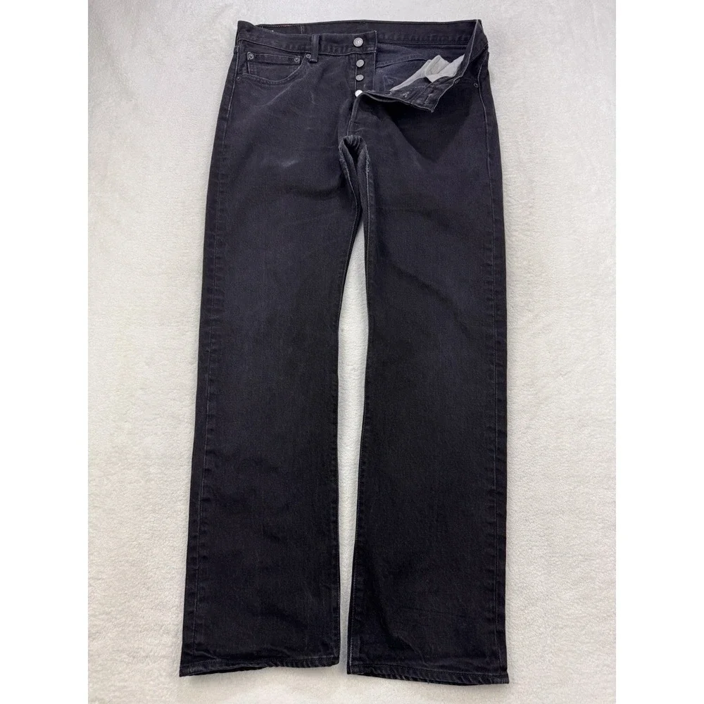 Levis 501 Jeans Men 34x32 Black Straight Leg Button Fly Distressed Denim